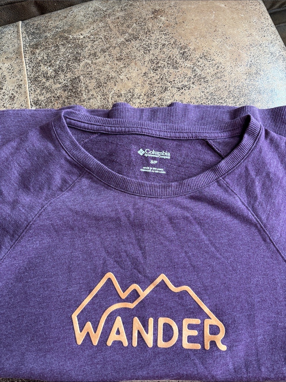 Columbia purple crewneck with tan mountain 'WANDER' graphic